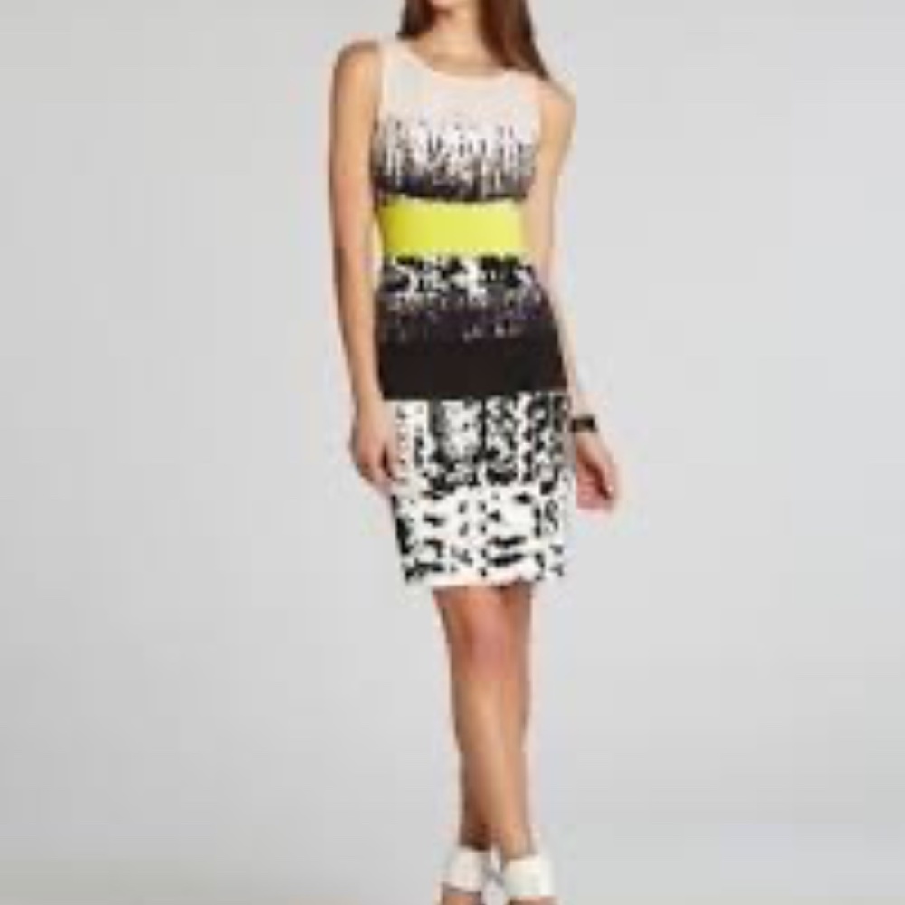 BCBG Max Azria Tara Printed Color‎ Block Print Black/White/Green Dress Sz 4